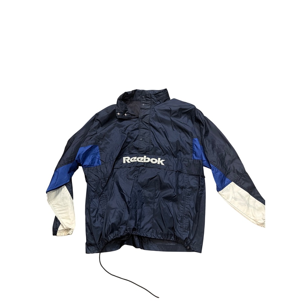 Vintage 90s Reebok Spellout Pullover Windbreaker Jacket Navy Blue Men's XL